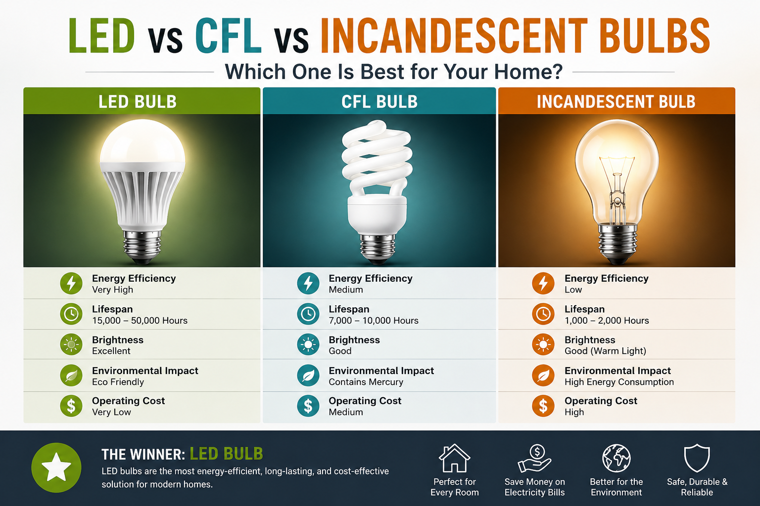 LED vs CFL vs Incandescent Bulbs: Which One Is Best for Your Home?